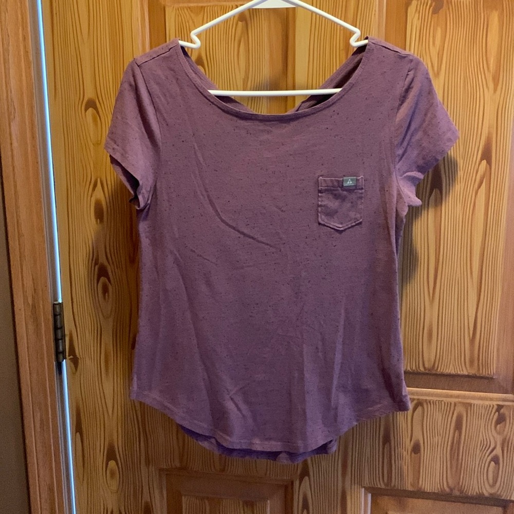 Purple short sleeve top, keyhole back, XS